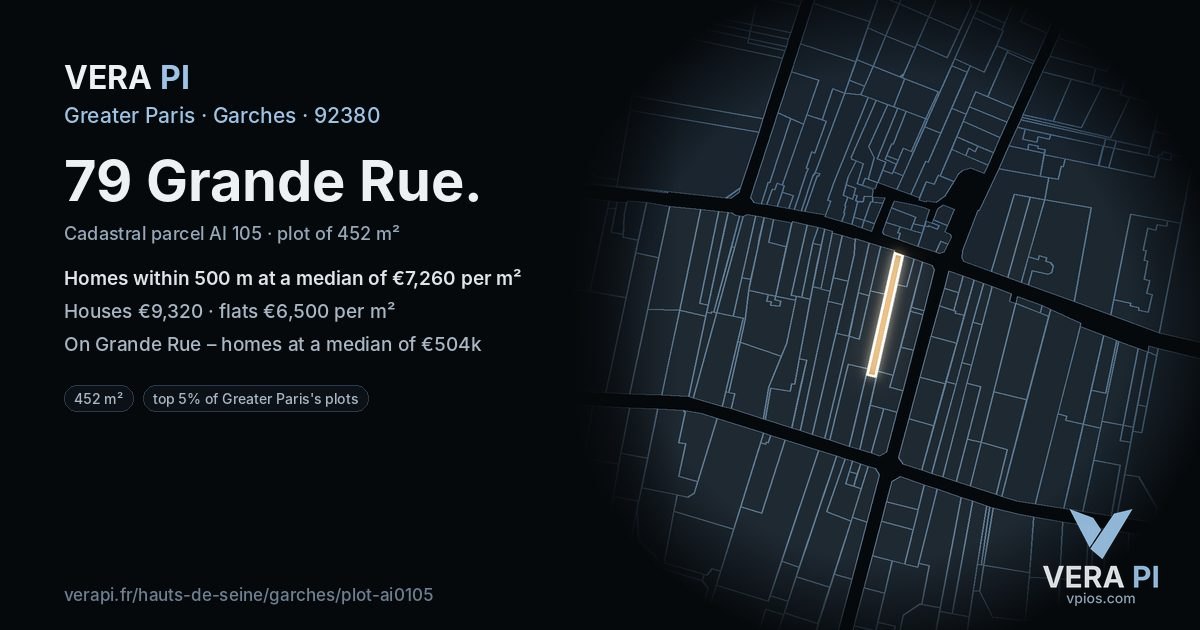 79 Grande Rue, Garches at night – the plot lit, the parcels around coloured by the prices near them