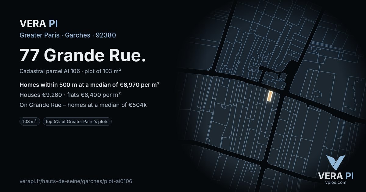 77 Grande Rue, Garches at night – the plot lit, the parcels around coloured by the prices near them