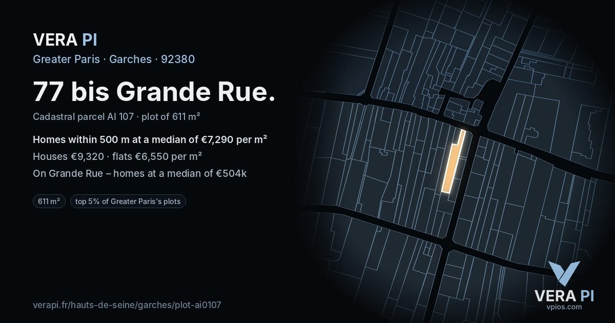 77 bis Grande Rue, Garches at night – the plot lit, the parcels around coloured by the prices near them