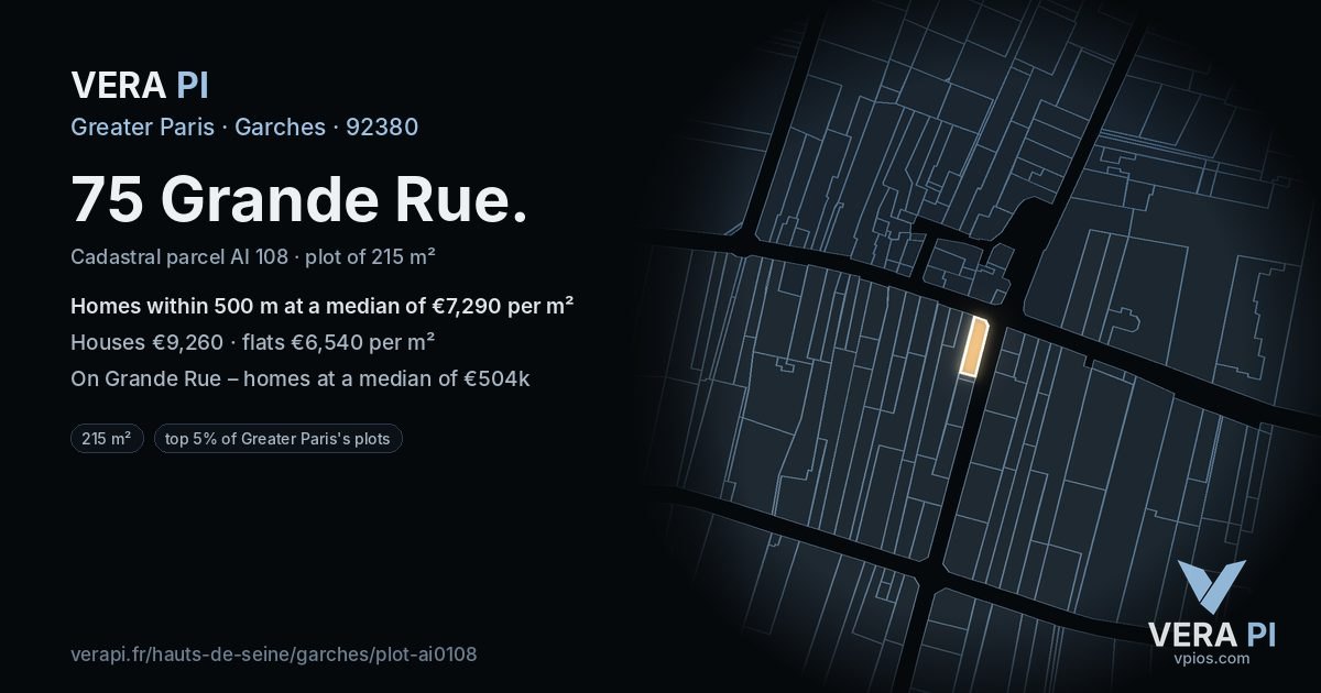 75 Grande Rue, Garches at night – the plot lit, the parcels around coloured by the prices near them
