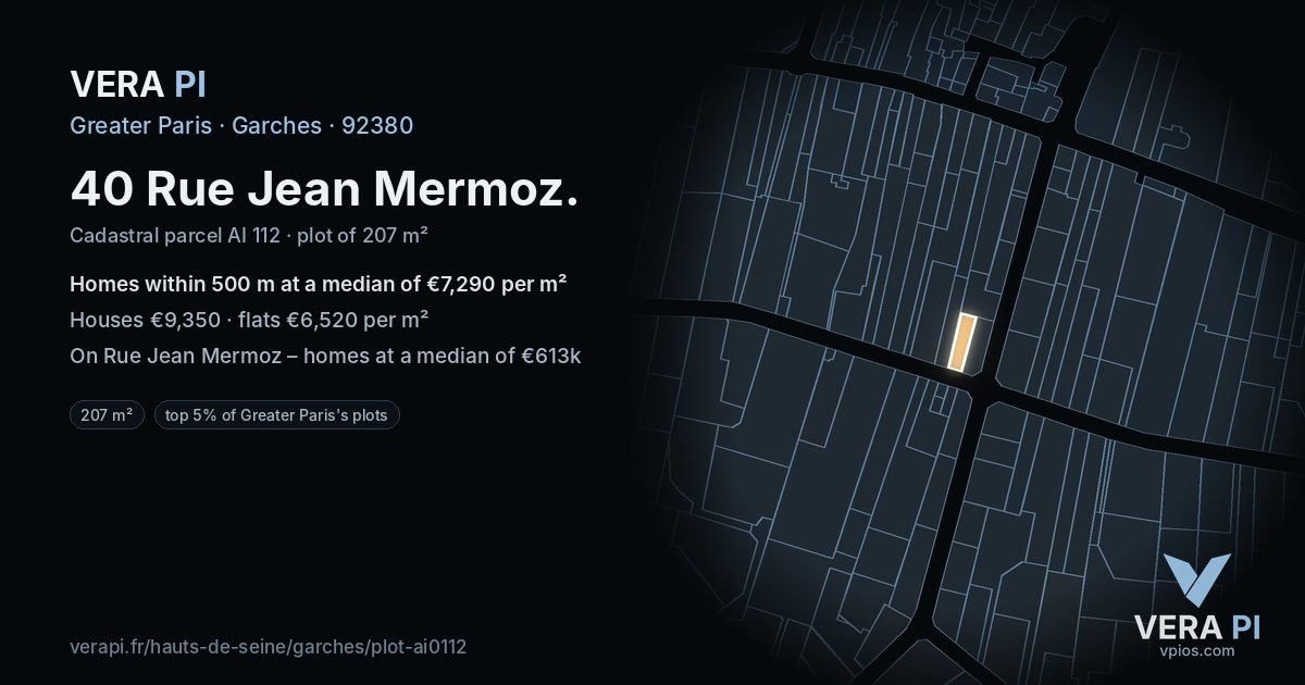 40 Rue Jean Mermoz, Garches at night – the plot lit, the parcels around coloured by the prices near them