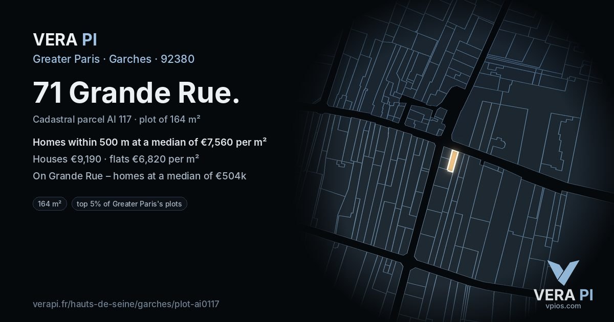 71 Grande Rue, Garches at night – the plot lit, the parcels around coloured by the prices near them