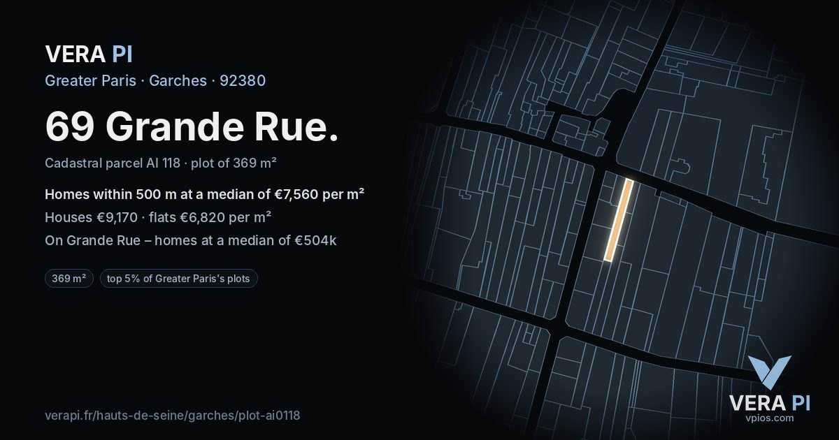 69 Grande Rue, Garches at night – the plot lit, the parcels around coloured by the prices near them