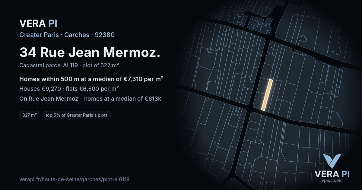 34 Rue Jean Mermoz, Garches at night – the plot lit, the parcels around coloured by the prices near them