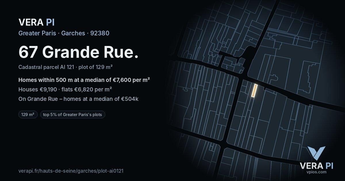67 Grande Rue, Garches at night – the plot lit, the parcels around coloured by the prices near them