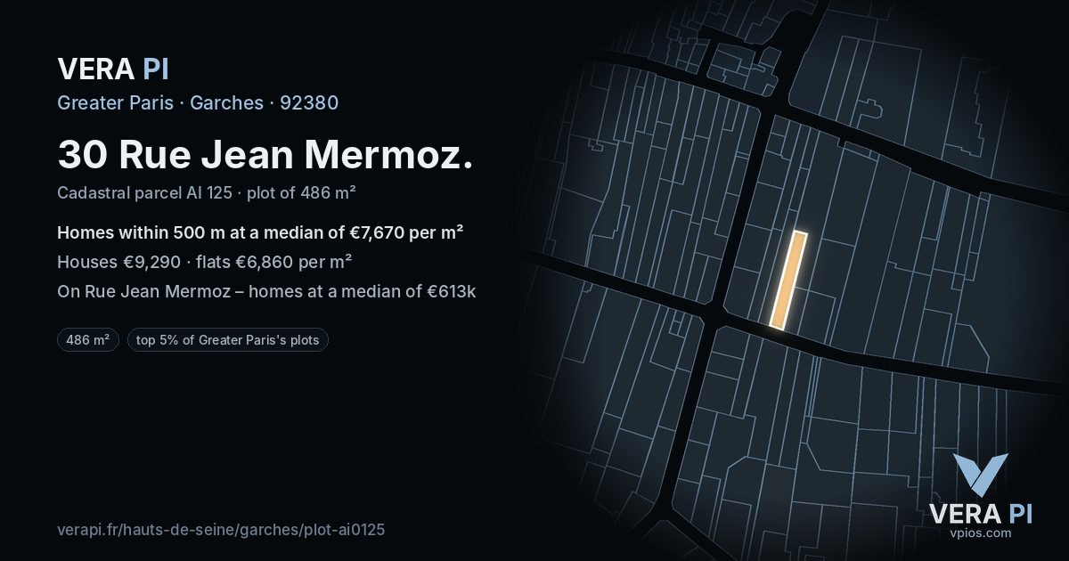 30 Rue Jean Mermoz, Garches at night – the plot lit, the parcels around coloured by the prices near them