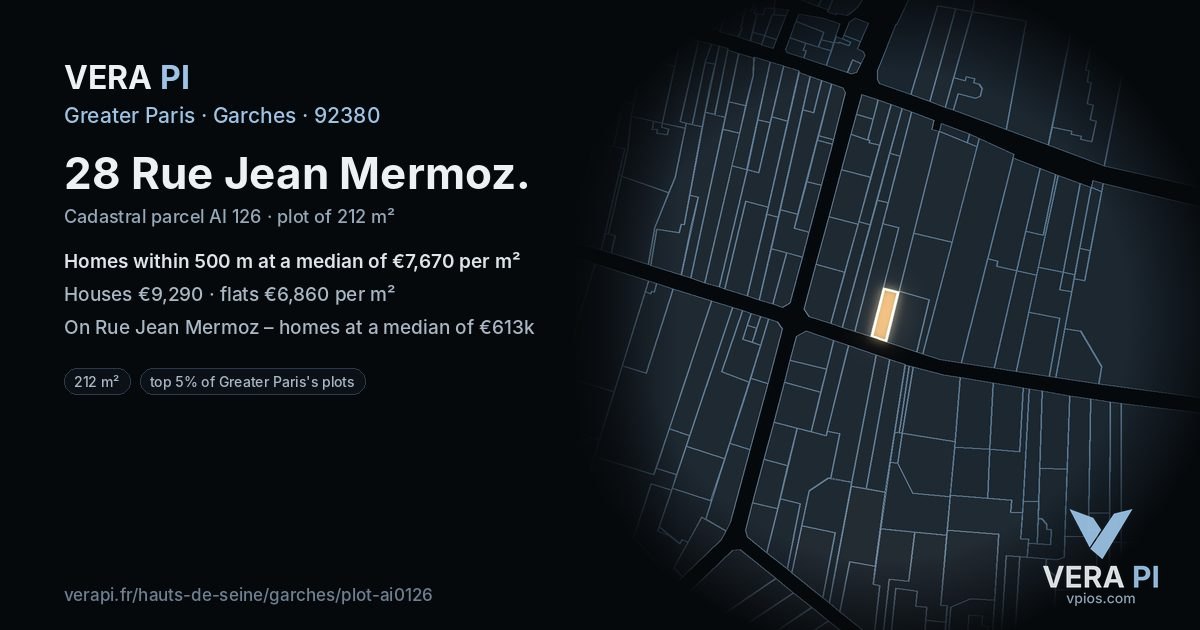 28 Rue Jean Mermoz, Garches at night – the plot lit, the parcels around coloured by the prices near them