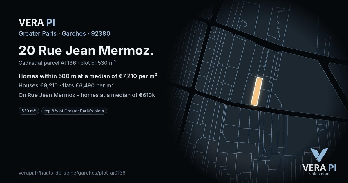 20 Rue Jean Mermoz, Garches at night – the plot lit, the parcels around coloured by the prices near them