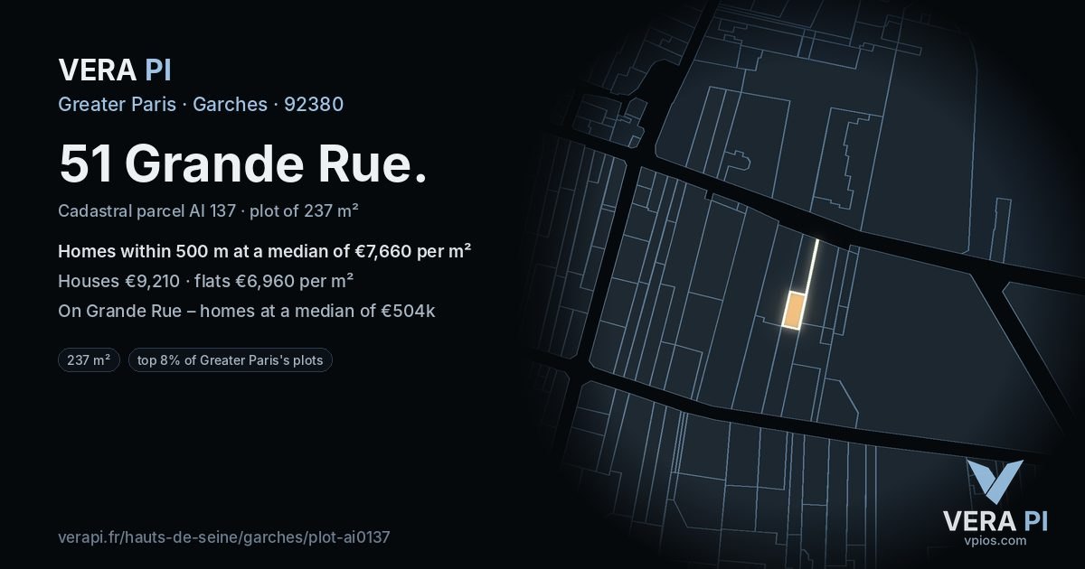 51 Grande Rue, Garches at night – the plot lit, the parcels around coloured by the prices near them