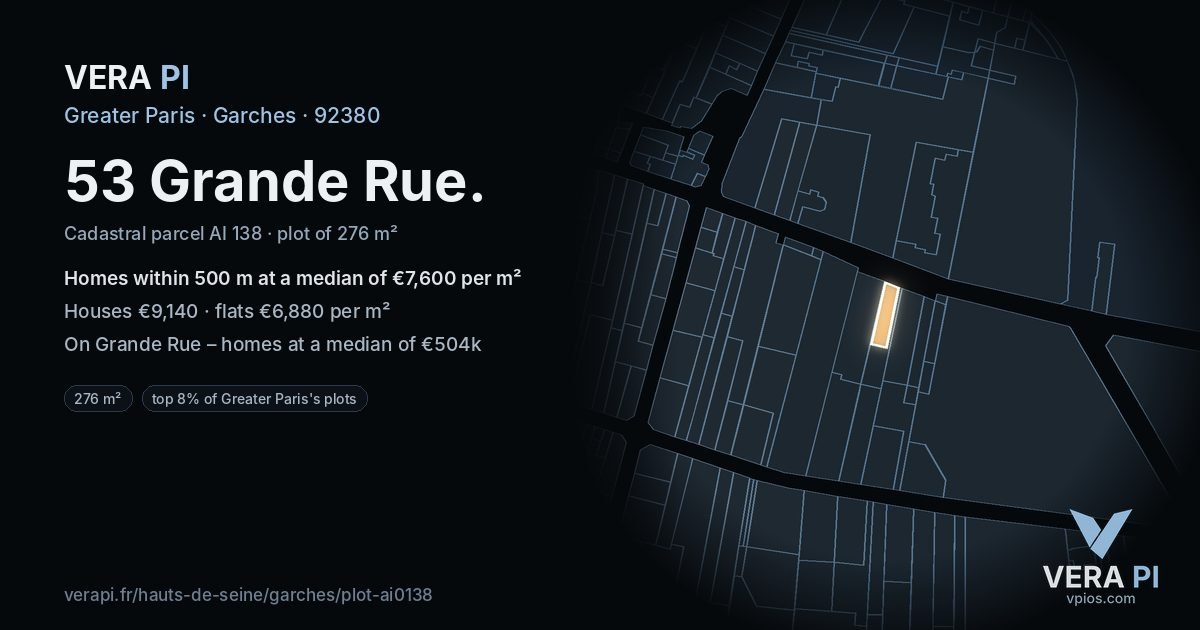 53 Grande Rue, Garches at night – the plot lit, the parcels around coloured by the prices near them