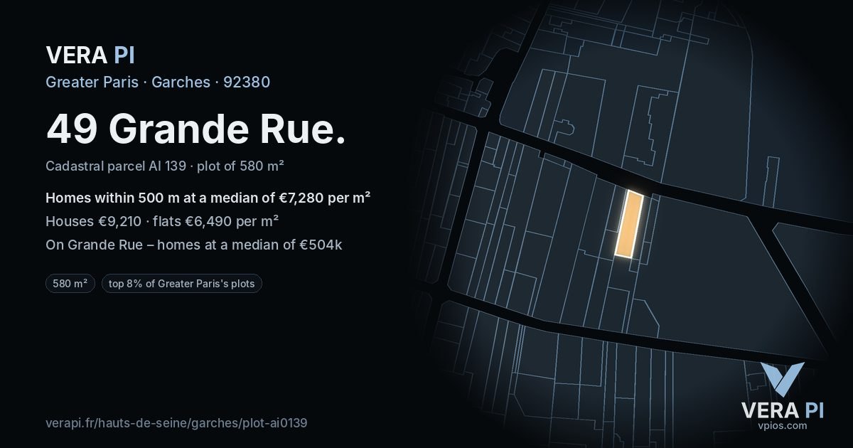 49 Grande Rue, Garches at night – the plot lit, the parcels around coloured by the prices near them