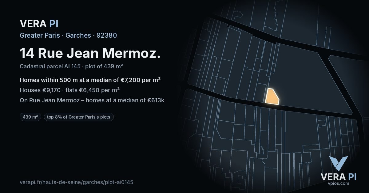 14 Rue Jean Mermoz, Garches at night – the plot lit, the parcels around coloured by the prices near them