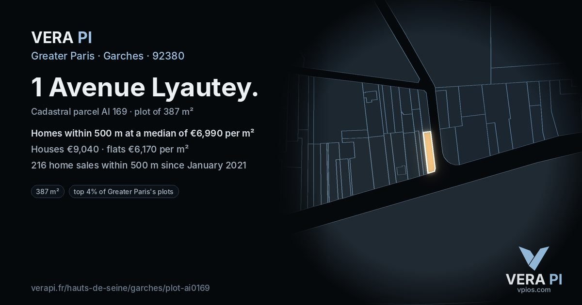 1 Avenue Lyautey, Garches at night – the plot lit, the parcels around coloured by the prices near them