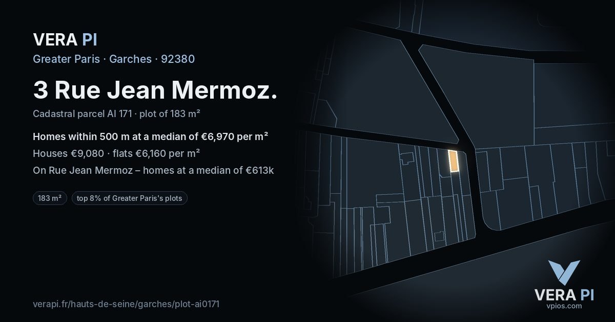 3 Rue Jean Mermoz, Garches at night – the plot lit, the parcels around coloured by the prices near them