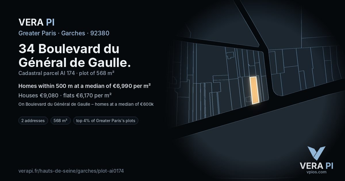 34 Boulevard du Général de Gaulle, Garches at night – the plot lit, the parcels around coloured by the prices near them