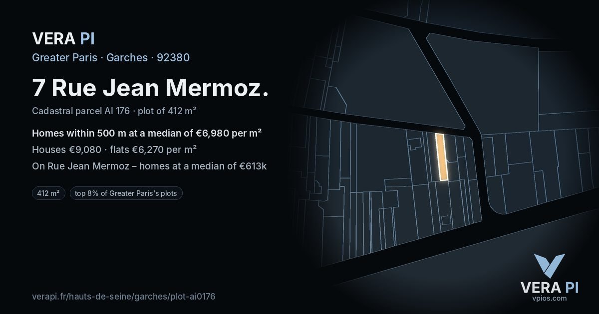 7 Rue Jean Mermoz, Garches at night – the plot lit, the parcels around coloured by the prices near them