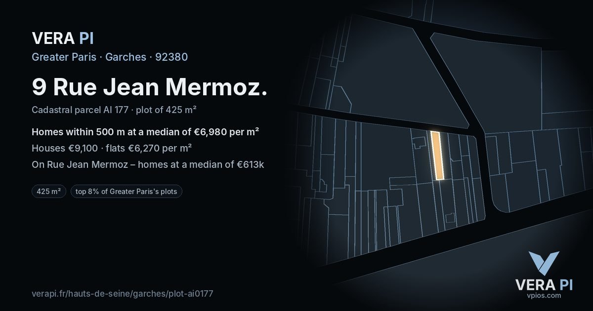 9 Rue Jean Mermoz, Garches at night – the plot lit, the parcels around coloured by the prices near them
