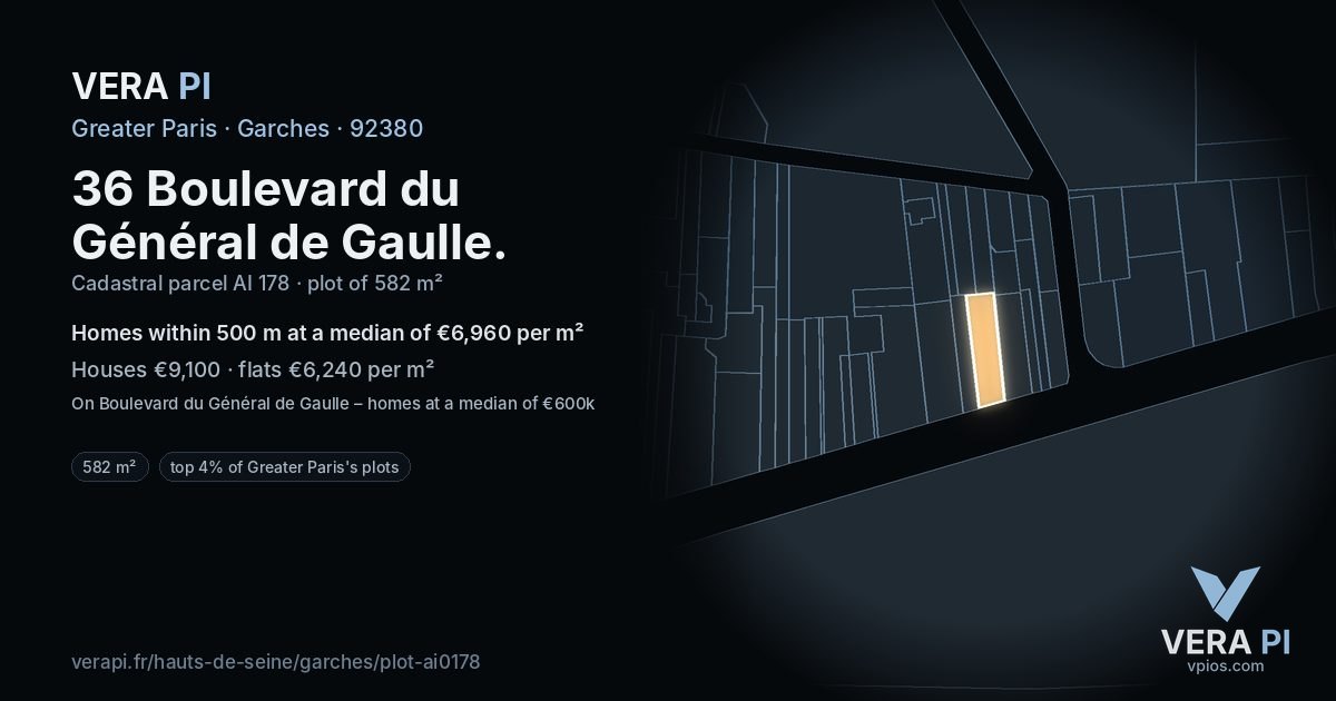 36 Boulevard du Général de Gaulle, Garches at night – the plot lit, the parcels around coloured by the prices near them