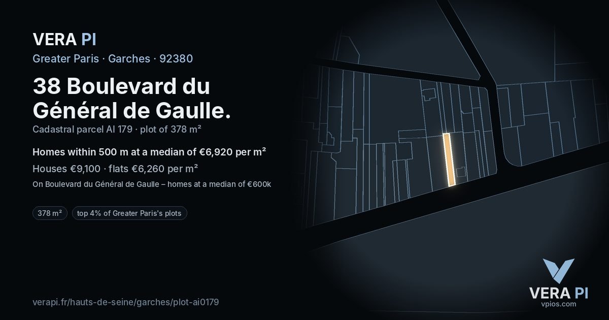 38 Boulevard du Général de Gaulle, Garches at night – the plot lit, the parcels around coloured by the prices near them