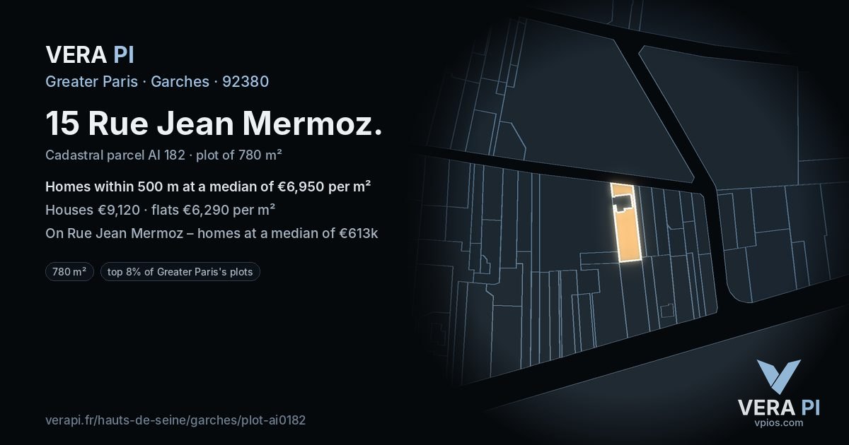 15 Rue Jean Mermoz, Garches at night – the plot lit, the parcels around coloured by the prices near them
