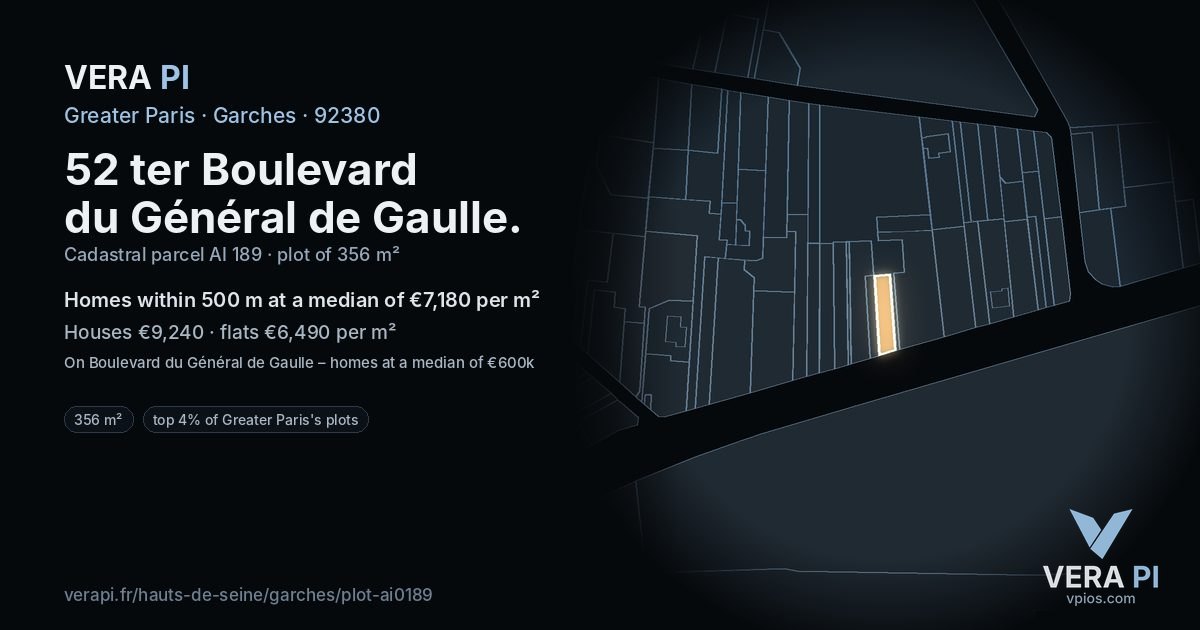 52 ter Boulevard du Général de Gaulle, Garches at night – the plot lit, the parcels around coloured by the prices near them