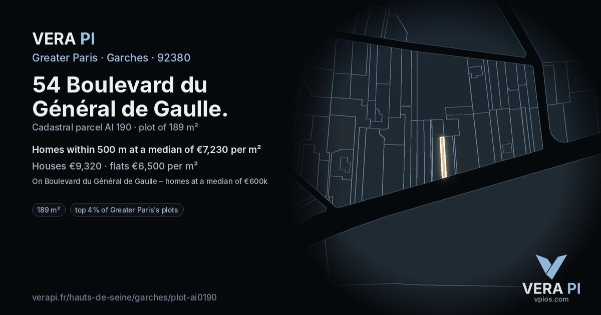 54 Boulevard du Général de Gaulle, Garches at night – the plot lit, the parcels around coloured by the prices near them