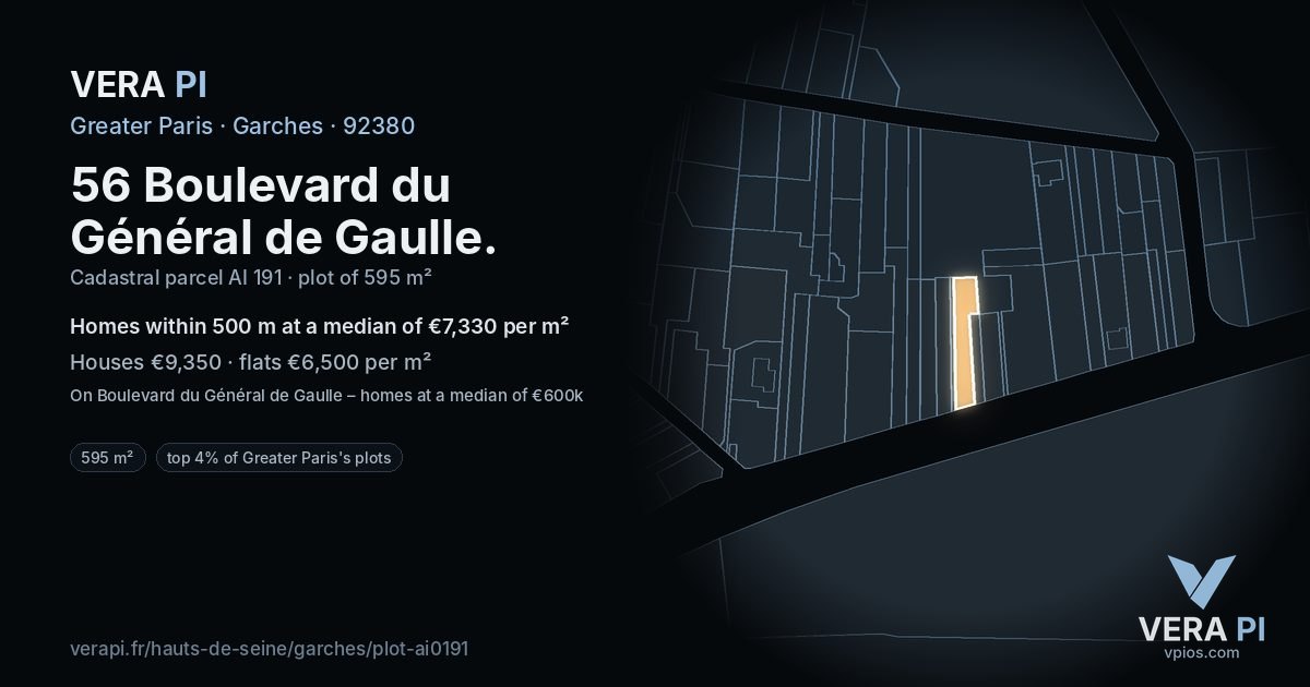 56 Boulevard du Général de Gaulle, Garches at night – the plot lit, the parcels around coloured by the prices near them