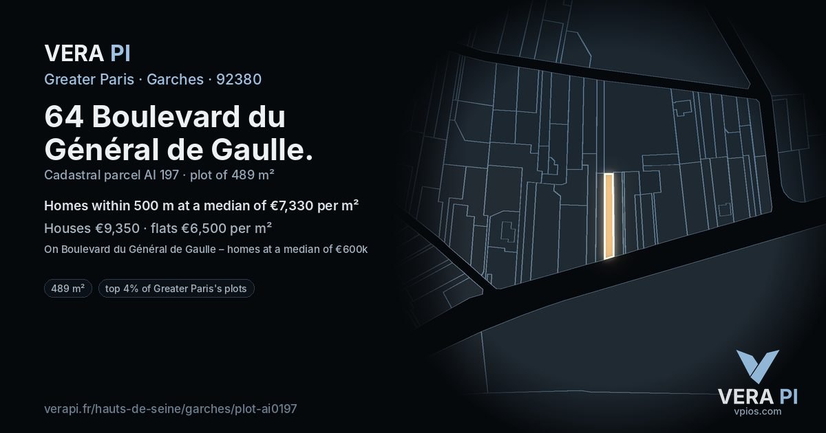 64 Boulevard du Général de Gaulle, Garches at night – the plot lit, the parcels around coloured by the prices near them