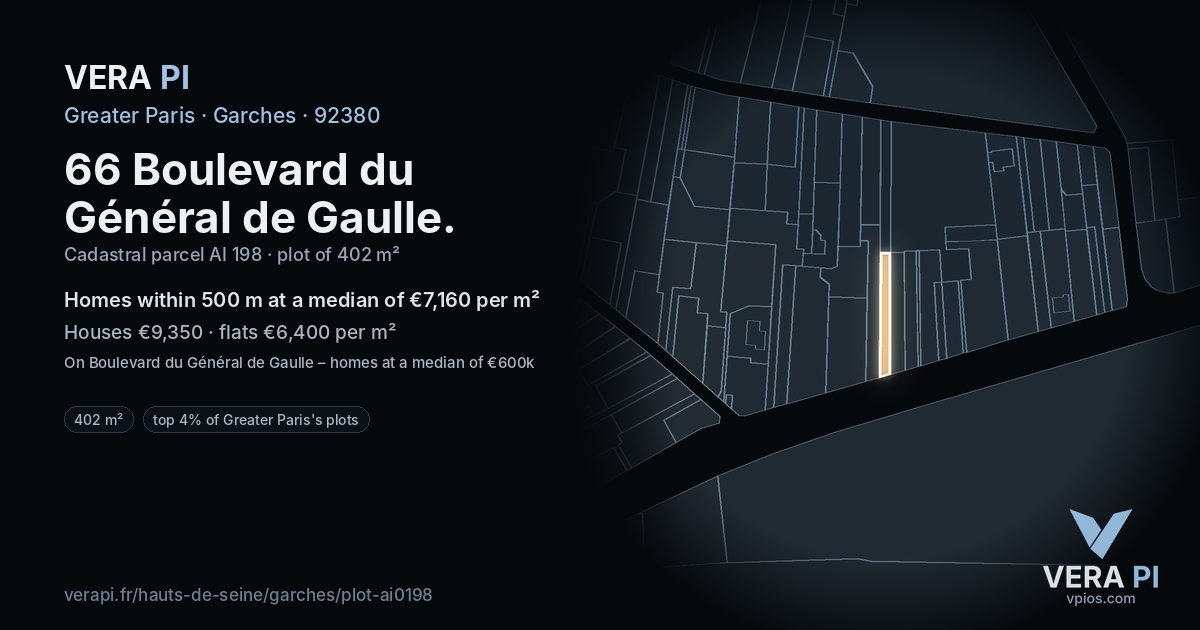 66 Boulevard du Général de Gaulle, Garches at night – the plot lit, the parcels around coloured by the prices near them