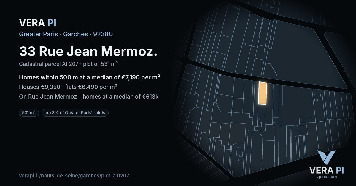 33 Rue Jean Mermoz, Garches at night – the plot lit, the parcels around coloured by the prices near them