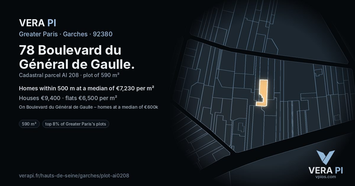 78 Boulevard du Général de Gaulle, Garches at night – the plot lit, the parcels around coloured by the prices near them