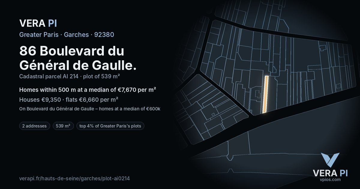 86 Boulevard du Général de Gaulle, Garches at night – the plot lit, the parcels around coloured by the prices near them
