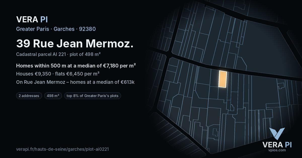 39 Rue Jean Mermoz, Garches at night – the plot lit, the parcels around coloured by the prices near them