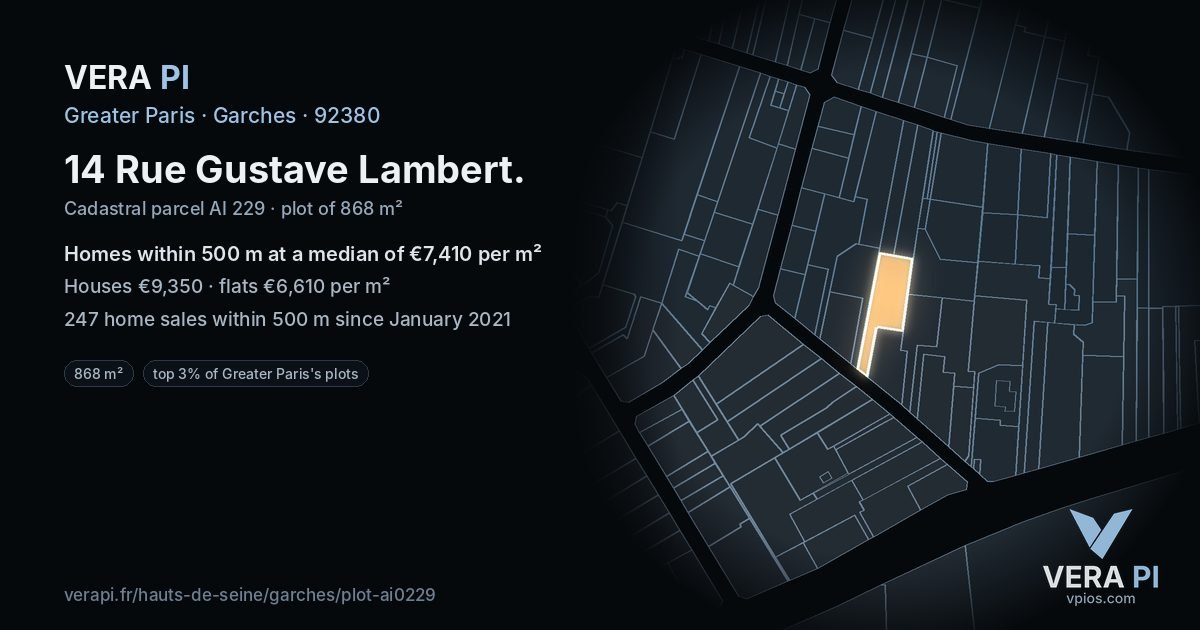 14 Rue Gustave Lambert, Garches at night – the plot lit, the parcels around coloured by the prices near them
