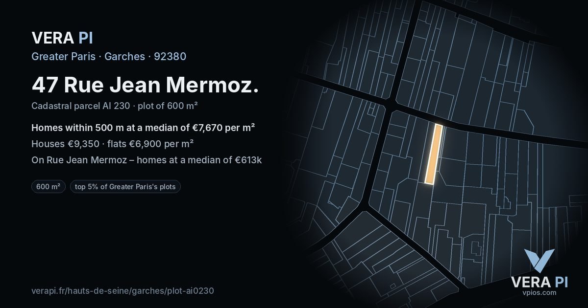 47 Rue Jean Mermoz, Garches at night – the plot lit, the parcels around coloured by the prices near them