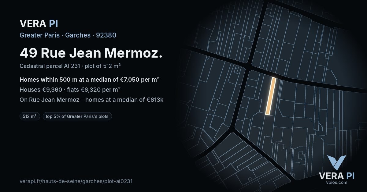 49 Rue Jean Mermoz, Garches at night – the plot lit, the parcels around coloured by the prices near them