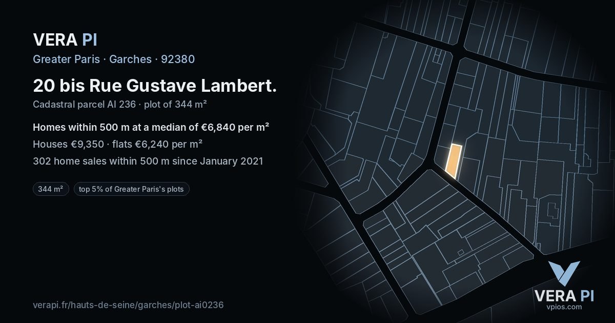 20 bis Rue Gustave Lambert, Garches at night – the plot lit, the parcels around coloured by the prices near them