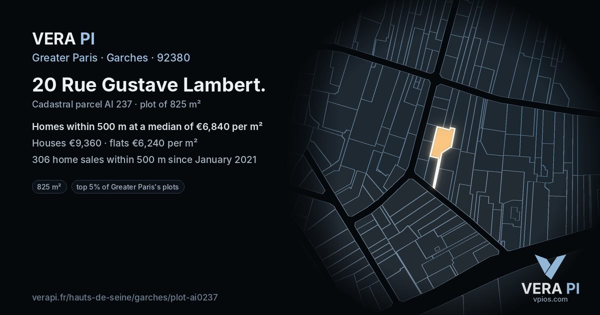 20 Rue Gustave Lambert, Garches at night – the plot lit, the parcels around coloured by the prices near them