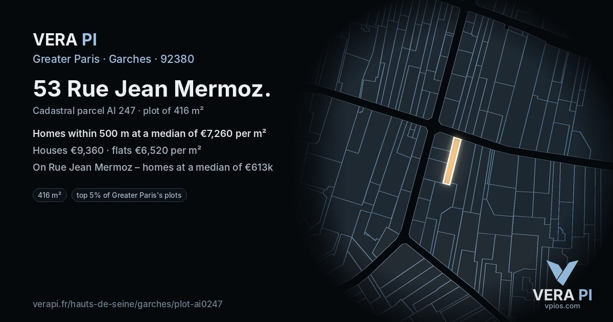 53 Rue Jean Mermoz, Garches at night – the plot lit, the parcels around coloured by the prices near them