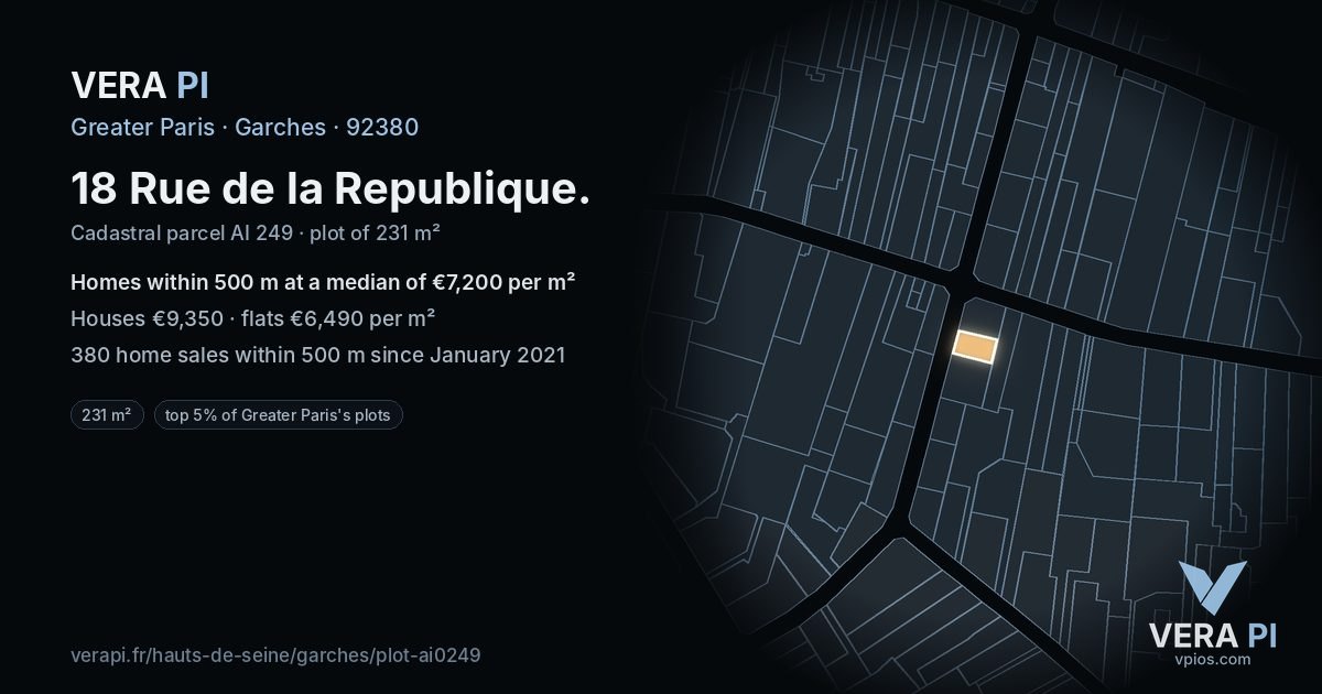 18 Rue de la Republique, Garches at night – the plot lit, the parcels around coloured by the prices near them