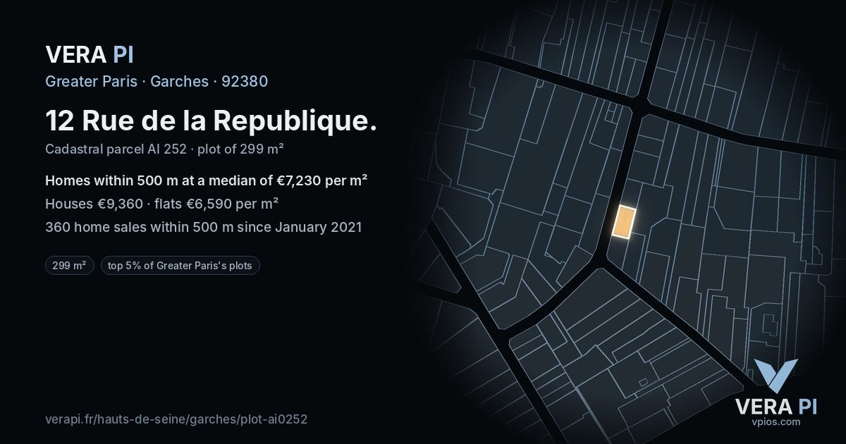 12 Rue de la Republique, Garches at night – the plot lit, the parcels around coloured by the prices near them