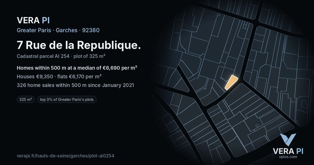 7 Rue de la Republique, Garches at night – the plot lit, the parcels around coloured by the prices near them