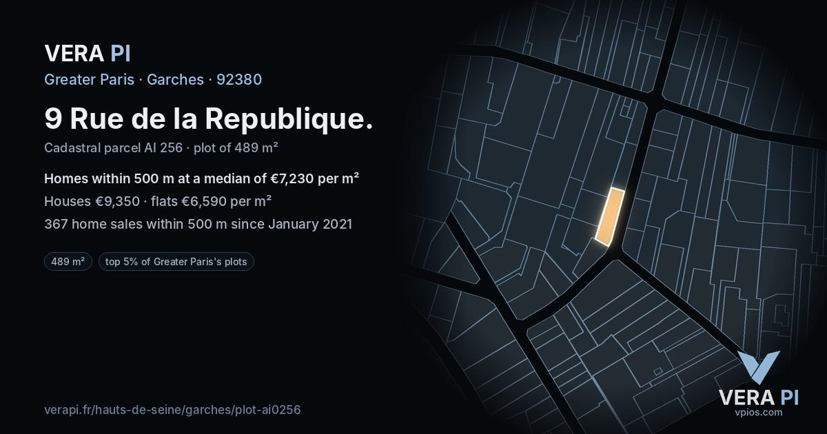 9 Rue de la Republique, Garches at night – the plot lit, the parcels around coloured by the prices near them