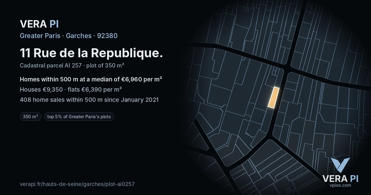 11 Rue de la Republique, Garches at night – the plot lit, the parcels around coloured by the prices near them