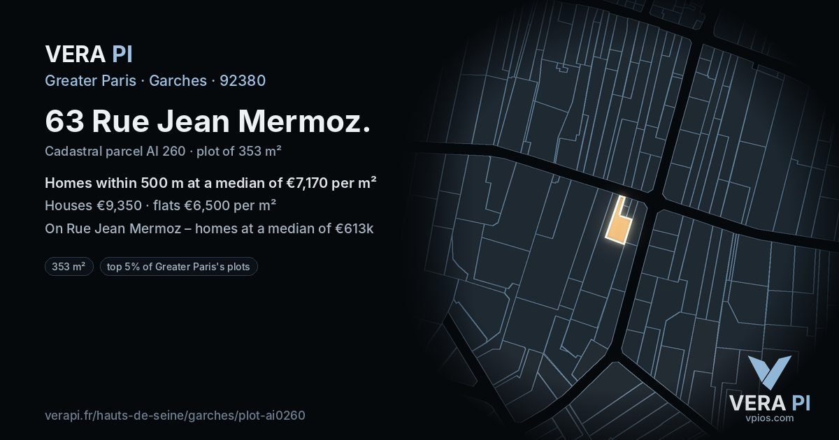 63 Rue Jean Mermoz, Garches at night – the plot lit, the parcels around coloured by the prices near them