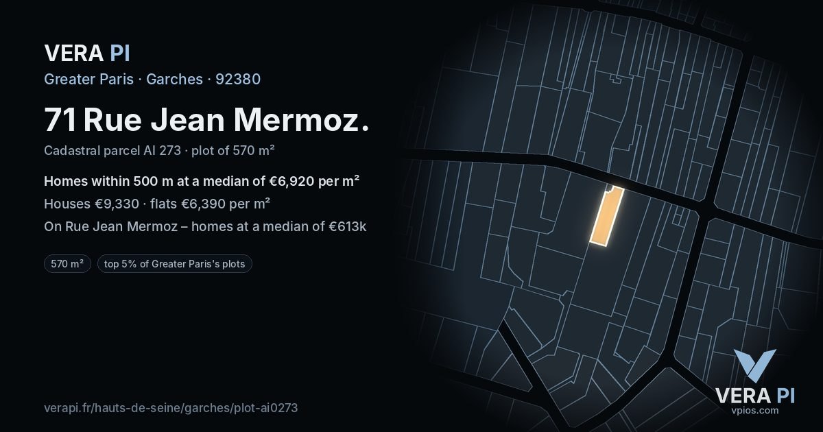 71 Rue Jean Mermoz, Garches at night – the plot lit, the parcels around coloured by the prices near them