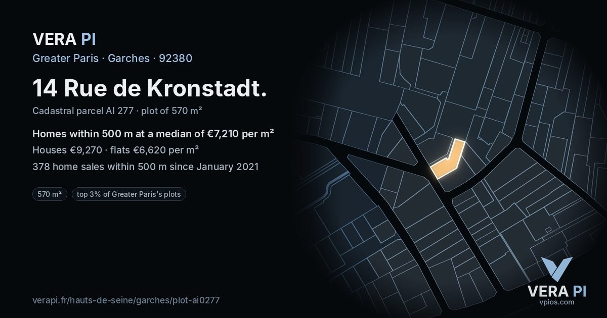 14 Rue de Kronstadt, Garches at night – the plot lit, the parcels around coloured by the prices near them