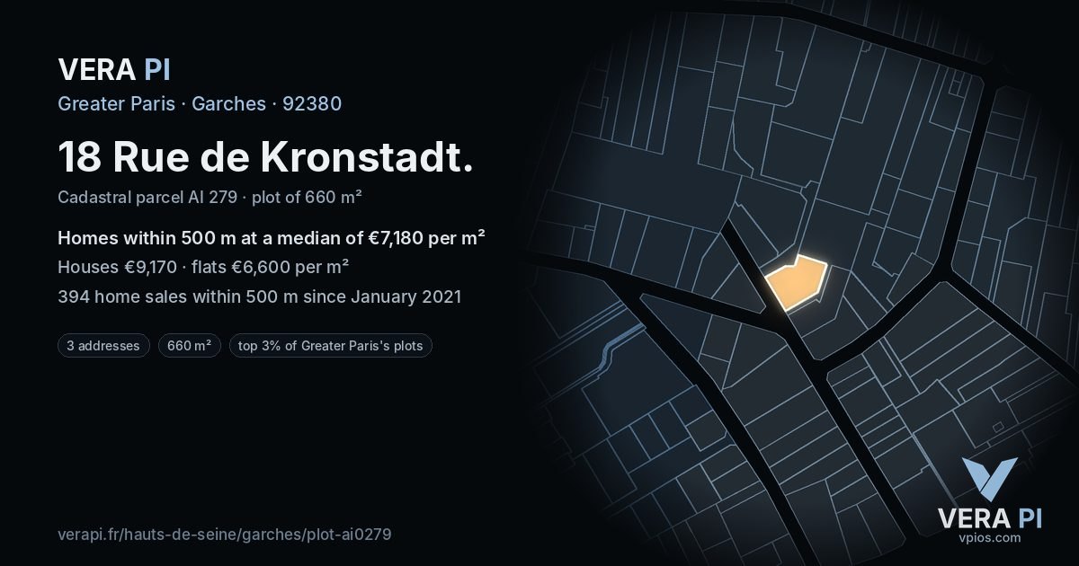 18 Rue de Kronstadt, Garches at night – the plot lit, the parcels around coloured by the prices near them