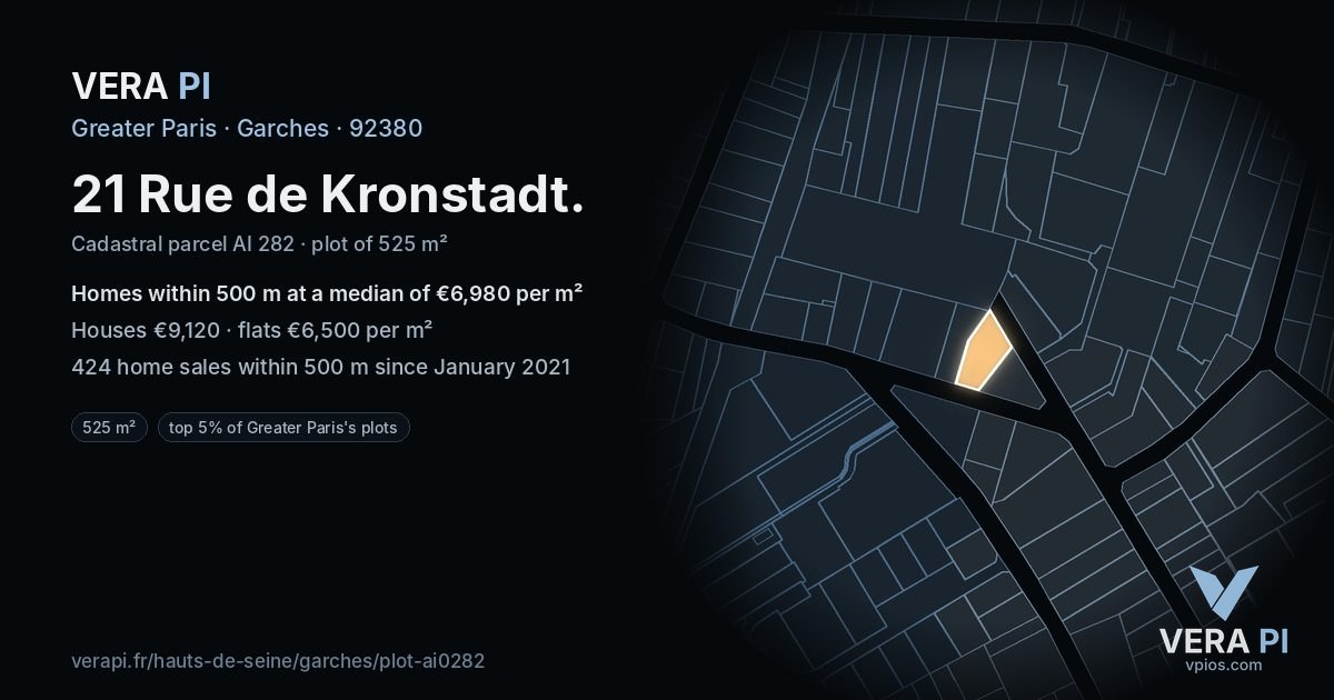 21 Rue de Kronstadt, Garches at night – the plot lit, the parcels around coloured by the prices near them