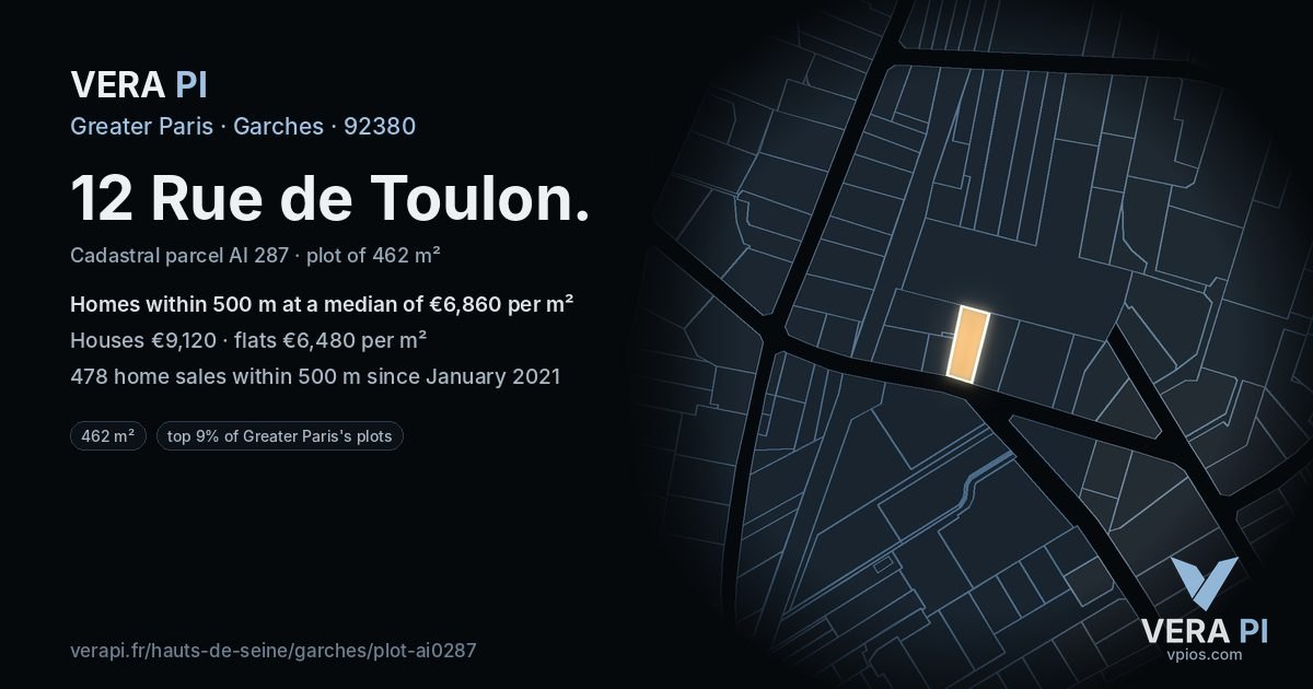 12 Rue de Toulon, Garches at night – the plot lit, the parcels around coloured by the prices near them
